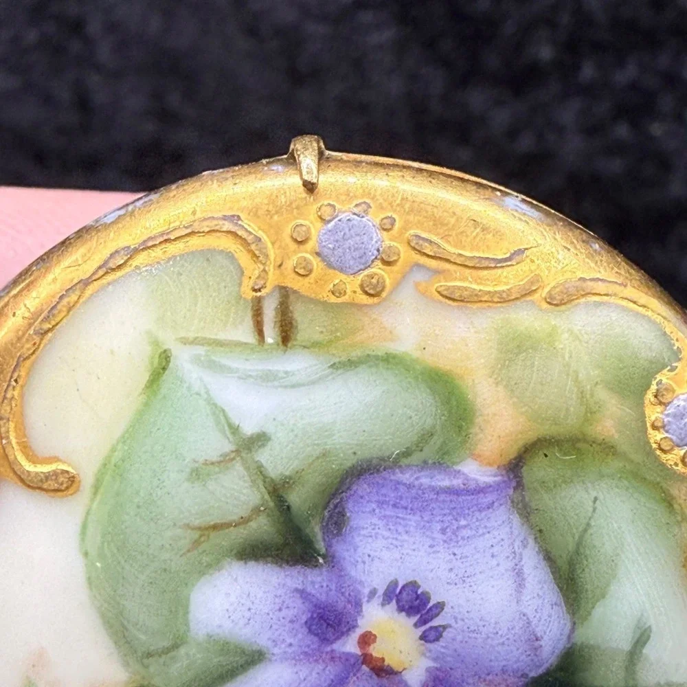 Vintage Victorian Hand Painted Porcelain Brooch Gold Purple Violets